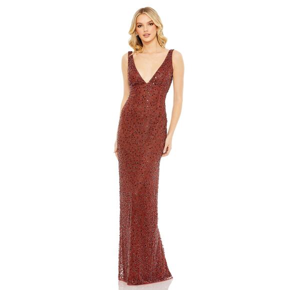 MAC DUGGAL Evening Gown Sequin Red Brick Beaded V Neck Dress Size 6 NWT